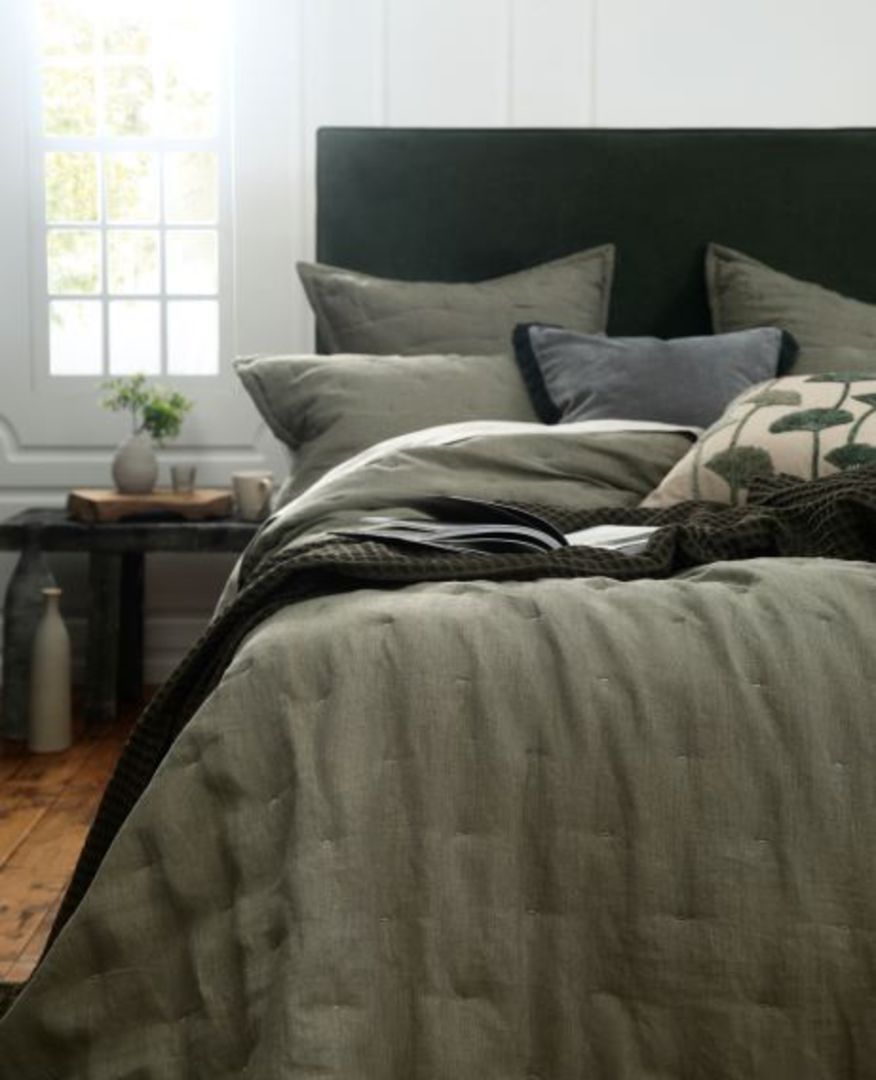 MM Linen Laundered Linen Bedspread Set. Extras - Quilted Euros and Tassel Pillowcases - Olive image 0